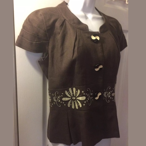 ELEVENSES Brown Linen Blazer Jacket Floral Ivory Anthropologie Workwear Office - Picture 2 of 7